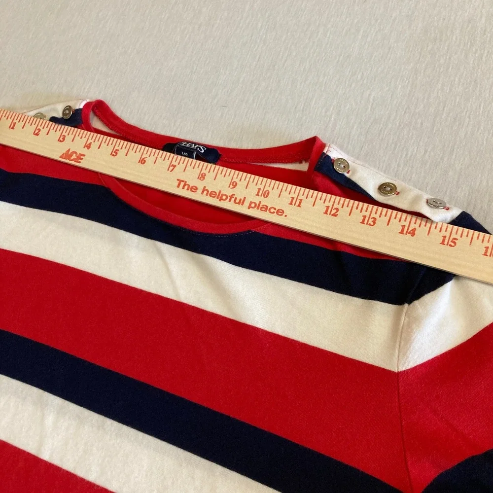 Chaps Top Womens Large Red White Navy Blue‎ Striped Button Shoulder L/S Blouse